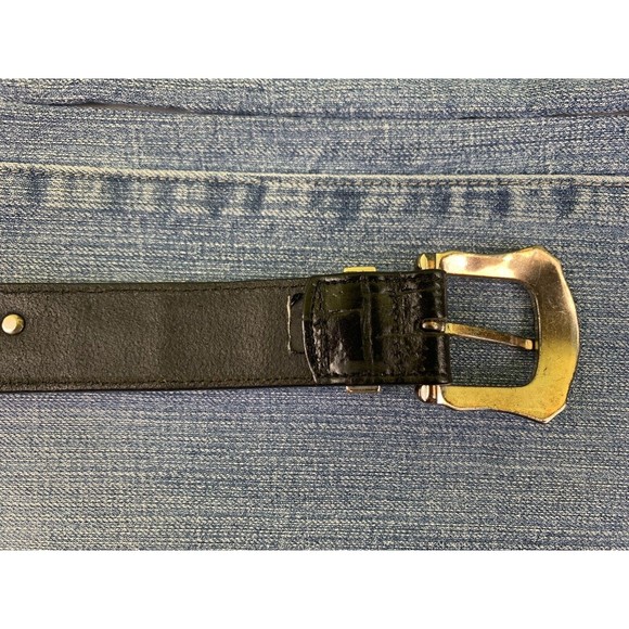 Western Alligator Print Black Leather Belt 32 L SOUTHWEST Cowgirl Metal Hearts - Picture 6 of 11
